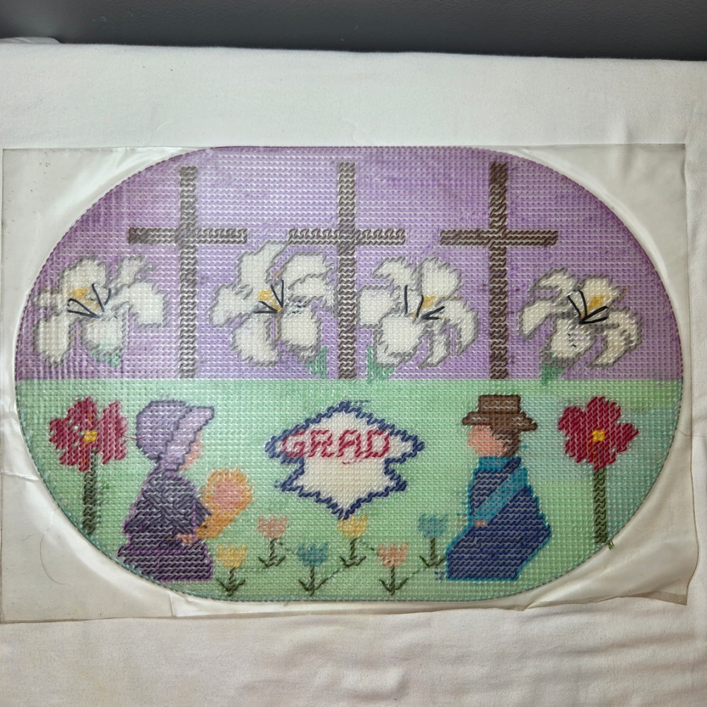 Vintage Handmade Plastic Canvas Needlepoint Crosses Lilies Grad Folk Art Sealed